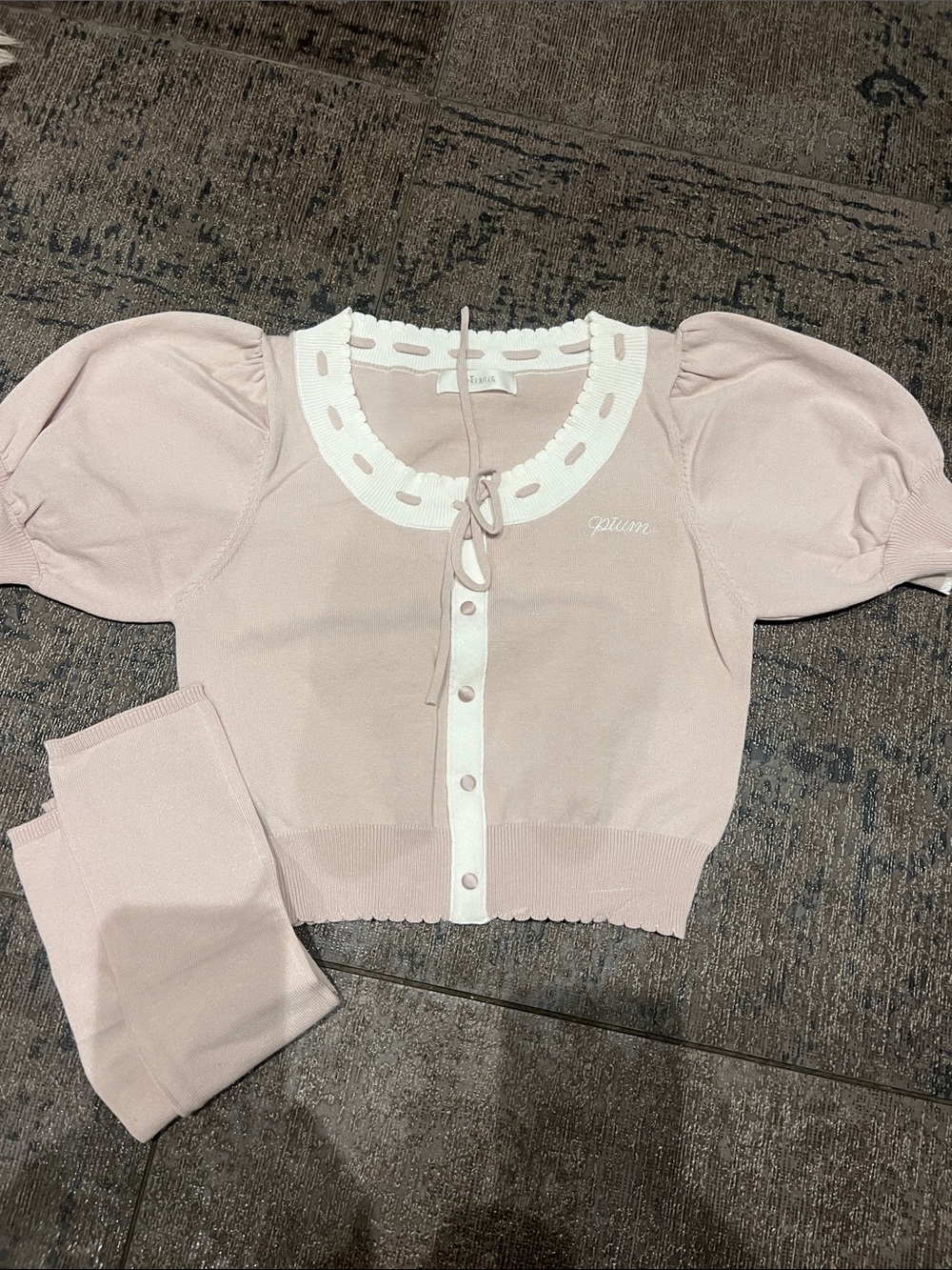 PIUM Pink Puff Sleeve Button-Front Knit Top with Contrast Trim OS